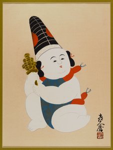 無題（座る少年、帽子をかぶって、おもちゃを抱える）（木版カラープリント） 作： Japanese School