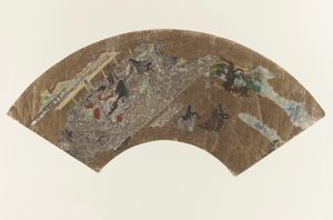 無題-ゲームをプレイしているパビリオンに座っている女性の扇形の絵、1603-1868 作： Japanese School