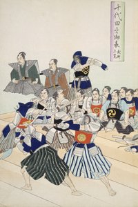 武将が19世紀のウッドカットのアルバム、カラーウッドブロックプリントから、侍が剣術を練習している様子、教師と生徒が見ている詳細を見る 作： Japanese School