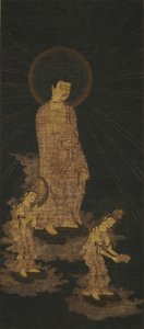 阿弥陀如来三尊の歓迎降下（藍染めの絹に金と色） 作： Japanese School
