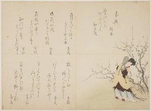 中国の法廷服装の女性、c.1830-44（カラー木版画、毛皮のコートにからずり） 作： Japanese School