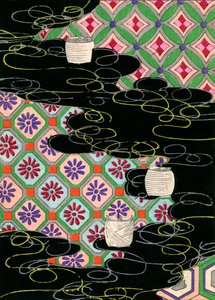 川面に浮かぶ灯籠の木版画 作： Japanese School