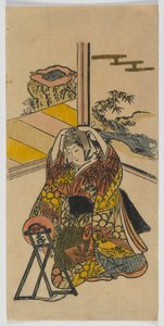鏡の横にひざまずく若い女性、江戸時代、1720年代（カラー木版画） 作： Japanese School