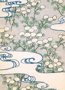 カラー木版画「咲いた蔓と波紋 作： Japanese School