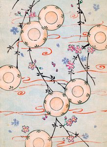 カラー木版画「満開の桜の中のランタン 作： Japanese School