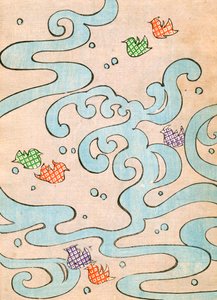 カラー木版画「水の上を飛ぶスタイライズド・バード