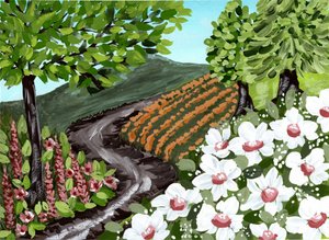 花が咲くブドウ畑の小道