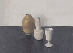 3つのオブジェのある静物》2024年（油彩、紙） 作： ジェイソン・ライン