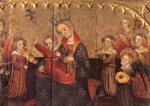 聖母子像と天使の音楽隊が描かれた祭壇画のコンパートメント 15世紀初頭 木にテンペラ 作： Jaume Cabrera