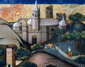 司教教会のある風景、エジプトへの逃避の詳細、ヴェルドゥの祭壇画