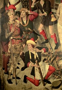 聖ヴィンセントの祭壇画: グリルの上の聖ヴィンセントの苦痛、ダキア人と死刑執行人、詳細 作： Jaume Huguet