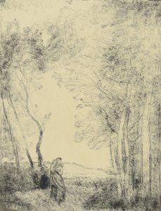森の入り口の若い母親 作： Jean-Baptiste-Camille Corot