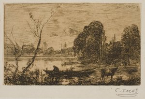 ヴィル・ダヴレイ船頭のいる池、夕方 作： Jean-Baptiste-Camille Corot