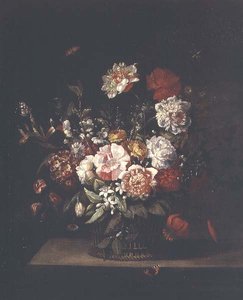 ミックスフラワーを籐のバスケットに入れ、棚の上には蛾、トンボ、赤提灯を置いた。 作： Jean Baptiste (follower of) Monnoyer