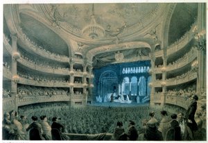 オペラ ガルニエ (音楽アカデミー) の劇場ホールの眺め。 Jean Baptiste Arnout (1788-1870) によるリトグラフ。 19世紀。 パリ、B.N. 作： Jean Baptiste Arnout