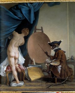 モンキーペインター。 キャンバスに油彩、0.89 x 0.62 m。 - 画家の猿。 Jean Baptiste Deshays (1729 - 1765) の絵画 作： Jean Baptiste Deshays
