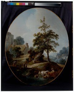少年と牛と羊を連れた羊飼いのいる風景 作： Jean Baptiste Huet