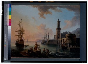 夕暮れの地中海の港の漁師と花魁たち 作： Jean Baptiste Lallemand