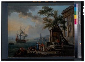 日の出の地中海の港のトルコ商人たち 作： Jean Baptiste Lallemand