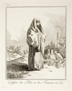 夏の少女と女性のための頭飾り、「Divers Habillements des Peuples du Nord」のプレート 3 作： Jean-Baptiste Le Prince