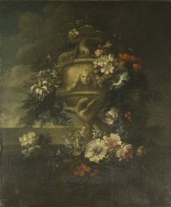 彫刻された花瓶の花（キャンバスに油彩） 作： Jean Baptiste Monnoyer