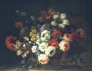 籠の中の花の静物画 作： Jean Baptiste Monnoyer