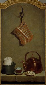 ジャン＝バティスト・オードリー（1686-1755）作「肉四分の一、砂糖パン、銅製のやかんとカップのある静物画 作： Jean Baptiste Oudry