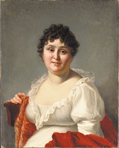 白いドレスと柿のショール（キャンバスに油彩）を着たバスト丈のマダム・レグノーの肖像画 作： Jean Baptiste Regnault