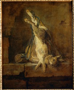 Lapin de Garenne mort avec une gibeciere et une poire a poudre - 死んだウサギとゲームバッグとパウダーフラスコ ...