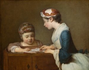 小さな女教師、1740年以降（キャンバスに油彩） 作： Jean Baptiste Simeon Chardin
