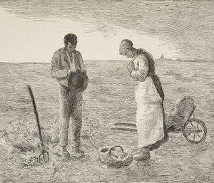 アンジェラス、野原の農家のカップル、フランスの画家、ジャン=フランソワ・ミレー（1814-1875）の絵画からの彫刻、L