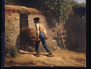 手押し車を持つ農民（キャンバスに油彩） 作： Jean Francois Millet