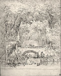 庭のカスケード（紙にチョーク） 作： Jean Honore Fragonard