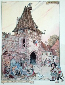 再びフランス市民になったアルザスの子供たちにフランス語を教えるフランスの兵士、「アルザスの歴史、ハンシ」のイラスト、1915-16年頃（カラーリソ） 作： Jean Jacques Waltz