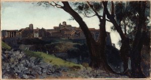 イタリアの風景。夕暮れの村、1859年から1860年の間（油彩）
