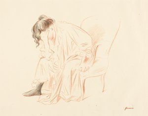 右手に頭をもたせかける座る女性