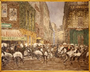 夕刊紙の発売、1914年クロワッサン通り、ジャン・ルイ（ジャン＝ルイ）・ルフォール（1875-1954）の絵画、パリ市2区の大部分で伝統的に定着していた報道機関の活動を示す、カフェ・デュ・クルにて。