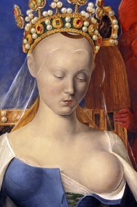 アグネス・ソレルとして描かれた「看護の聖母」の詳細（ジャン・フーケ作「アントワープの聖母」の後、1452年から1455年頃）。