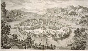 Tchao-Hoei Occupies his Troops with Exercises and Military Games in 1758, プレート5, Pierre Philippe Choffard (1730-1809) 1772年に中国の皇帝である乾隆帝の征服を表す一連の版画の中の一枚。 作： Jean (d.1781) (after) Damascene