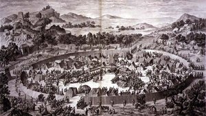 Tchao-Hoei in his Camp below the Wall of Yerechim Receives the Homage of the Inhabitants of the Town and Province in July 1759, プレート4, Pierre Philippe Choが彫刻した中国の乾隆帝の征服を表す版画シリーズより 作： Jean (d.1781) (after) Damascene
