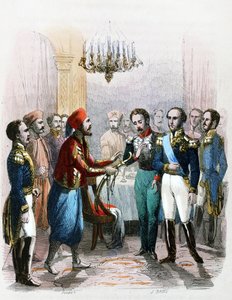 イブラヒム・パシャ（1789-1848）とジョセフ・アンテルム・セーヴ大佐（ソリマン・パシャ、スレイマン・パシャ、ソリマン・アル＝フランサウィ・パシャ）との会談。 作： Jean Adolphe Beauce