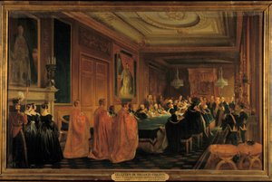 ヴィクトリア女王（1819-1901）がルイ・フィリップ1世（1773-1850）にジャレティエール騎士号を授与する場面（ウィンザー城にて 作： Jean Alaux