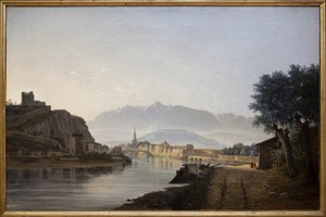 ケ・ド・ラ・グライユから撮影したグルノーブルの眺め、ジャン・アシャール (1807-1884) による油絵、1837 年作。写真、KIM Youngtae、グルノーブル、グルノーブル美術館。 作： Jean Alexis Achard