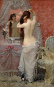 室内で髪をとかす裸の若い女性、1887年。 作： Jean Andre Rixens