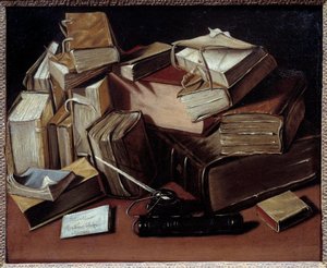 ジャン・アンドレアス・ビセット (1672-ca. 1710) による本画のある静物画。 Bourg en Bresse、Musee de Breu - 本のある静物。 Jean Andreas Biset (1672-ca.1710) による絵画。 ブリュ美術館、ブール・アン・ブレス、フランス 作： Jean Andreas Biset