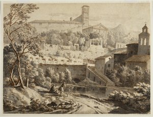 イタリアの町の下の川岸に沿ったアーティストのスケッチ、c.1780（敷き紙にインクとウォッシュ、黒いチョークの跡）
