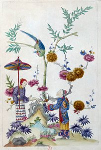 ドローイングは中国の花瓶から来ています：庭のカップル。ジャン・アントワーヌ・フレイズ（18世紀）の絵画