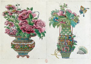 中国の花瓶からのデッサン：フラワーポット。ジャン・アントワーヌ・フレイズの絵画（18世紀