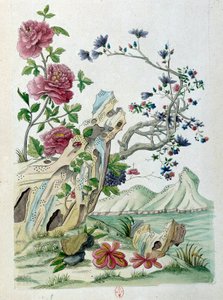 中国の花瓶からのドローイング：風景の中の花。ジャン・アントワーヌ・フレイズの絵画（18世紀