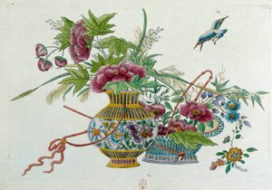 花瓶の中の花。ドローイングは中国の花瓶から。ジャン・アントワーヌ・フレイズの絵画（18世紀